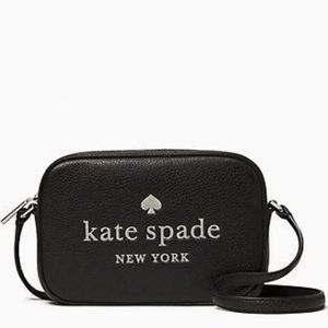 NWT Kate Spade Glitter On Mini Pebbled Leather Camera Bag With Logo Print Black